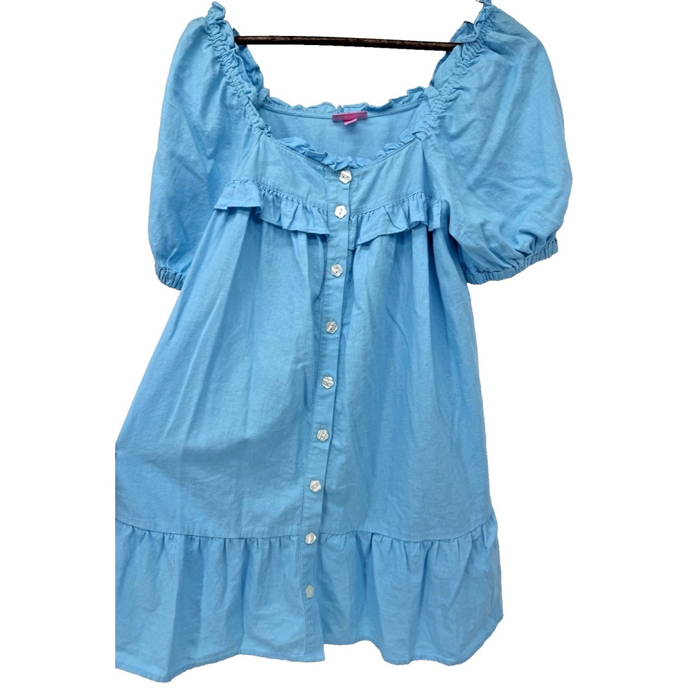 Stoney Clover Baby Doll Mini Dress Linen Blue Coquette Twee Puff sleeve cottage